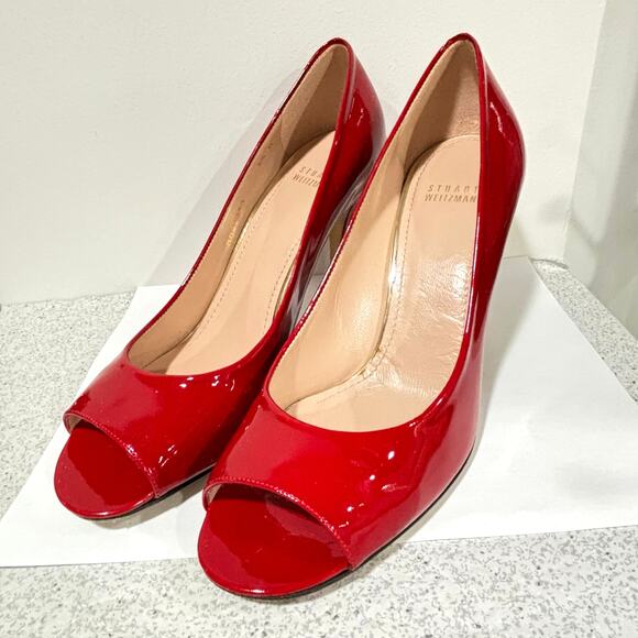 Stuart Weitzman 9.5M dressy shoes red patent open toe high stiletto heel pumps - Picture 6 of 8